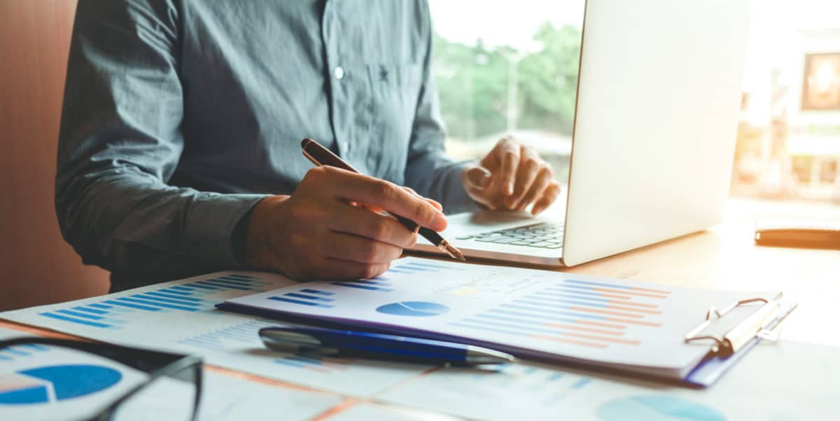 Typing laptop Business Man working with blank screen Planning Strategy Analysis Concept