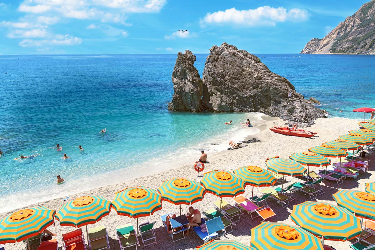 Beautiful beach popular tourist small town of Monterosso in the Cinque Terre Park in Italy. Seascape. Romantic place.