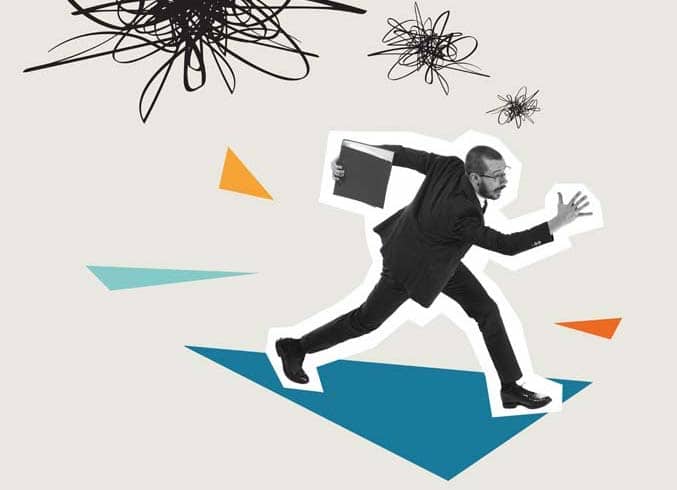 I'm running away from problems. Young man - clerks in business clothes running on abstract background.